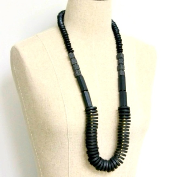 NWT David Aubrey necklace 33” wood, brass, and lava rock